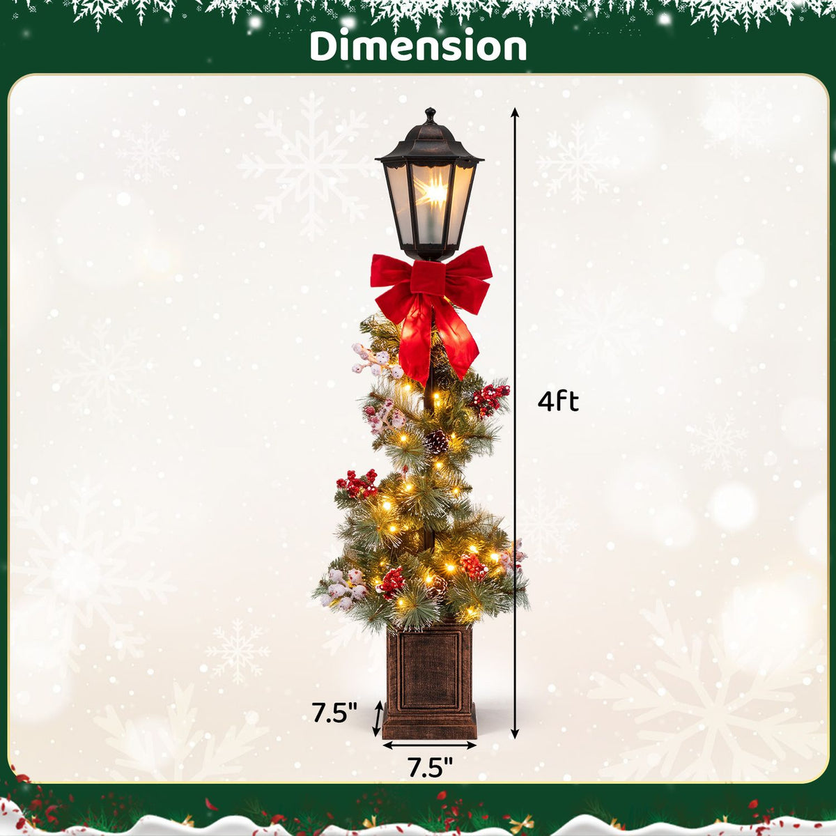 A decorated lamp post shown with arrows marking its height and base width.