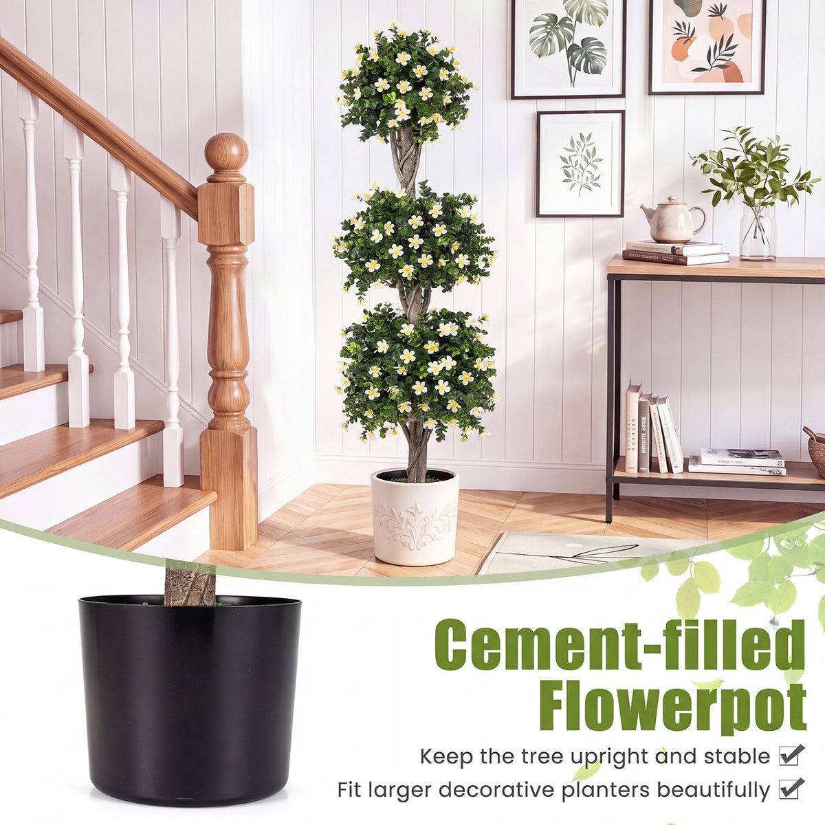 Three-ball topiary displayed by a staircase, with a close-up of its black pot below.
