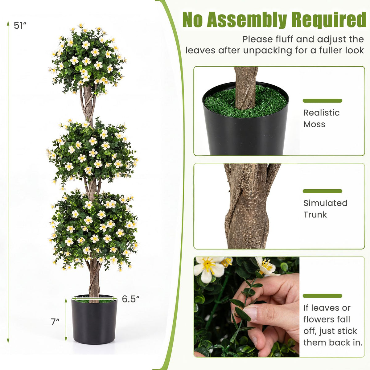 Topiary tree diagram showing three foliage balls, simulated trunk, and pot dimensions
