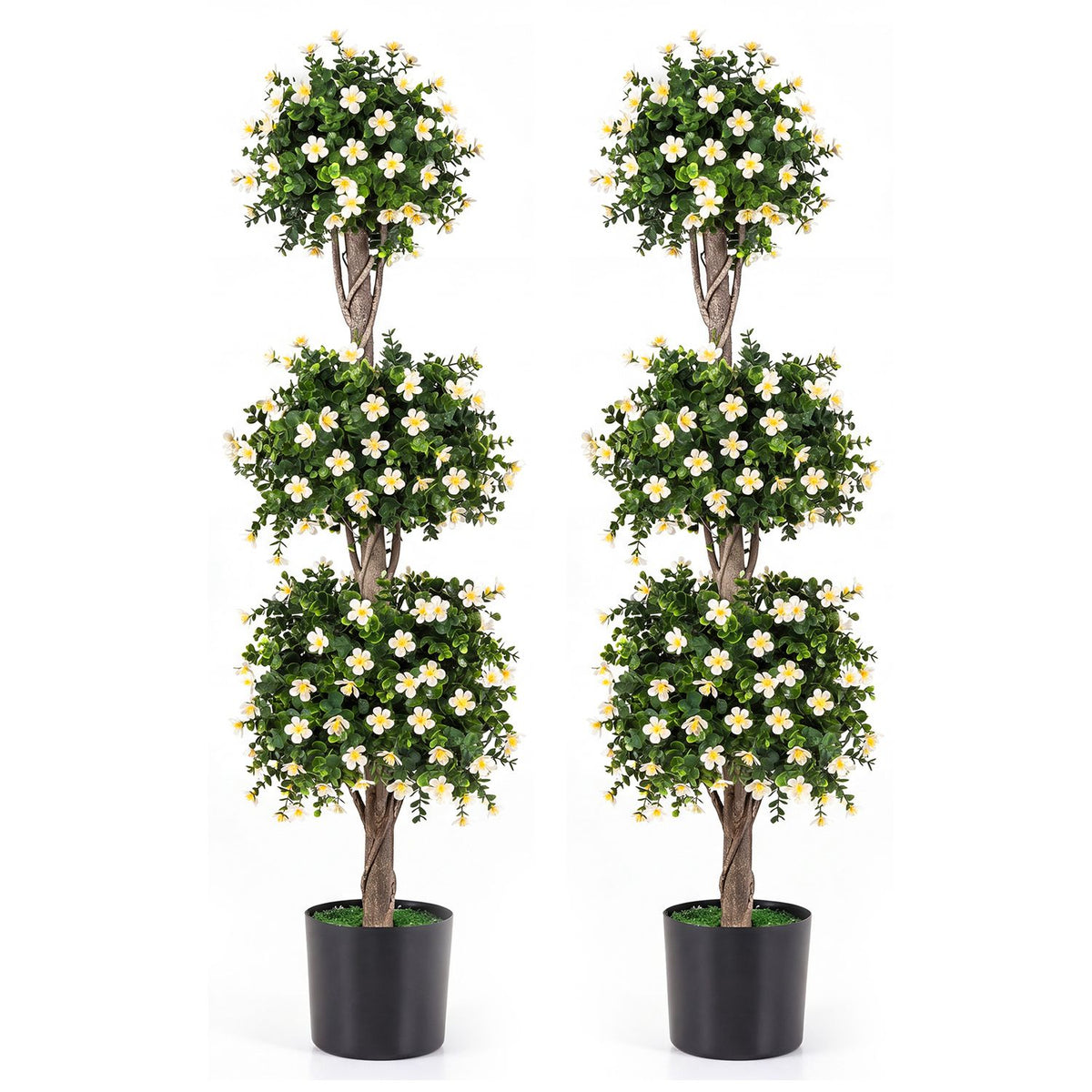 Pair of green artificial topiary trees with white flowers against a white background