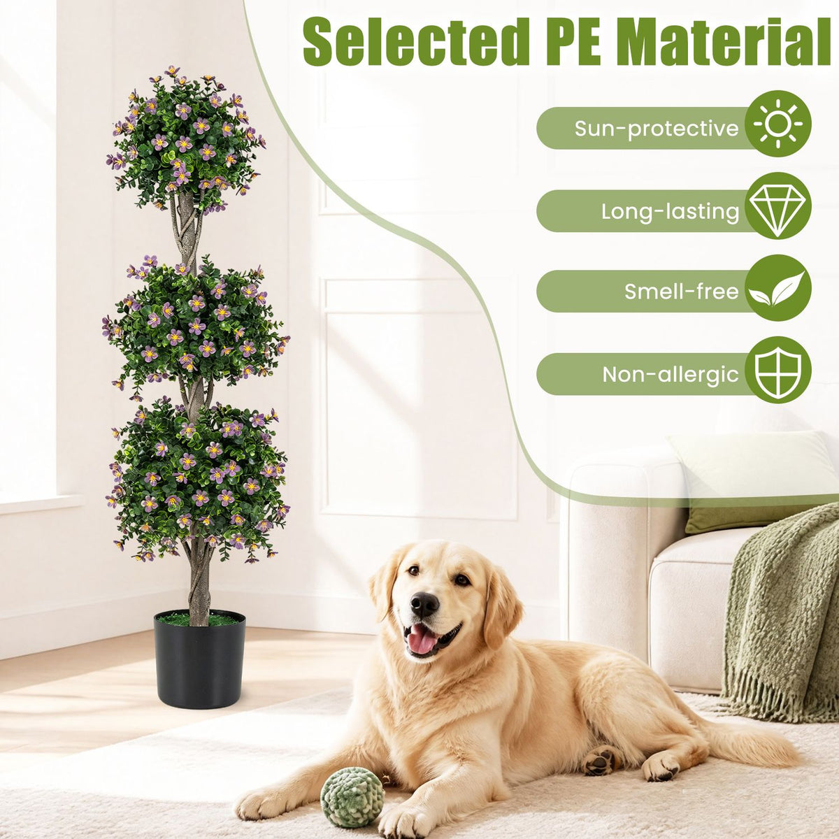 A three-tier flowering topiary in a black pot beside a reclining dog in a bright living room.