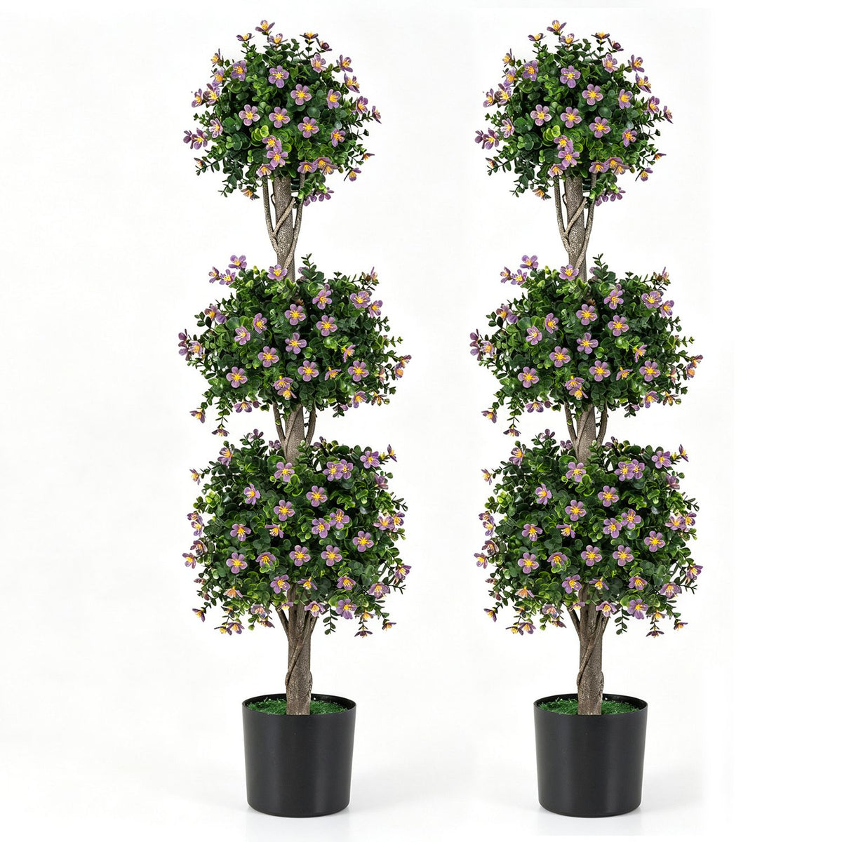 Two matching three-ball flowering topiary trees are shown in black planters against a white background.