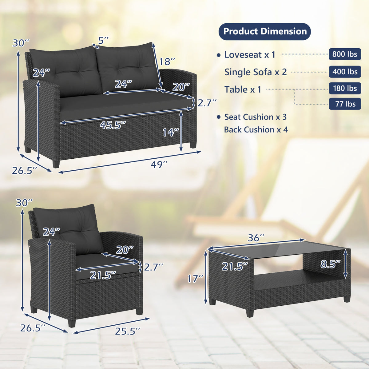 Dimension diagram showing a loveseat, an armchair, and a coffee table with measurement labels.