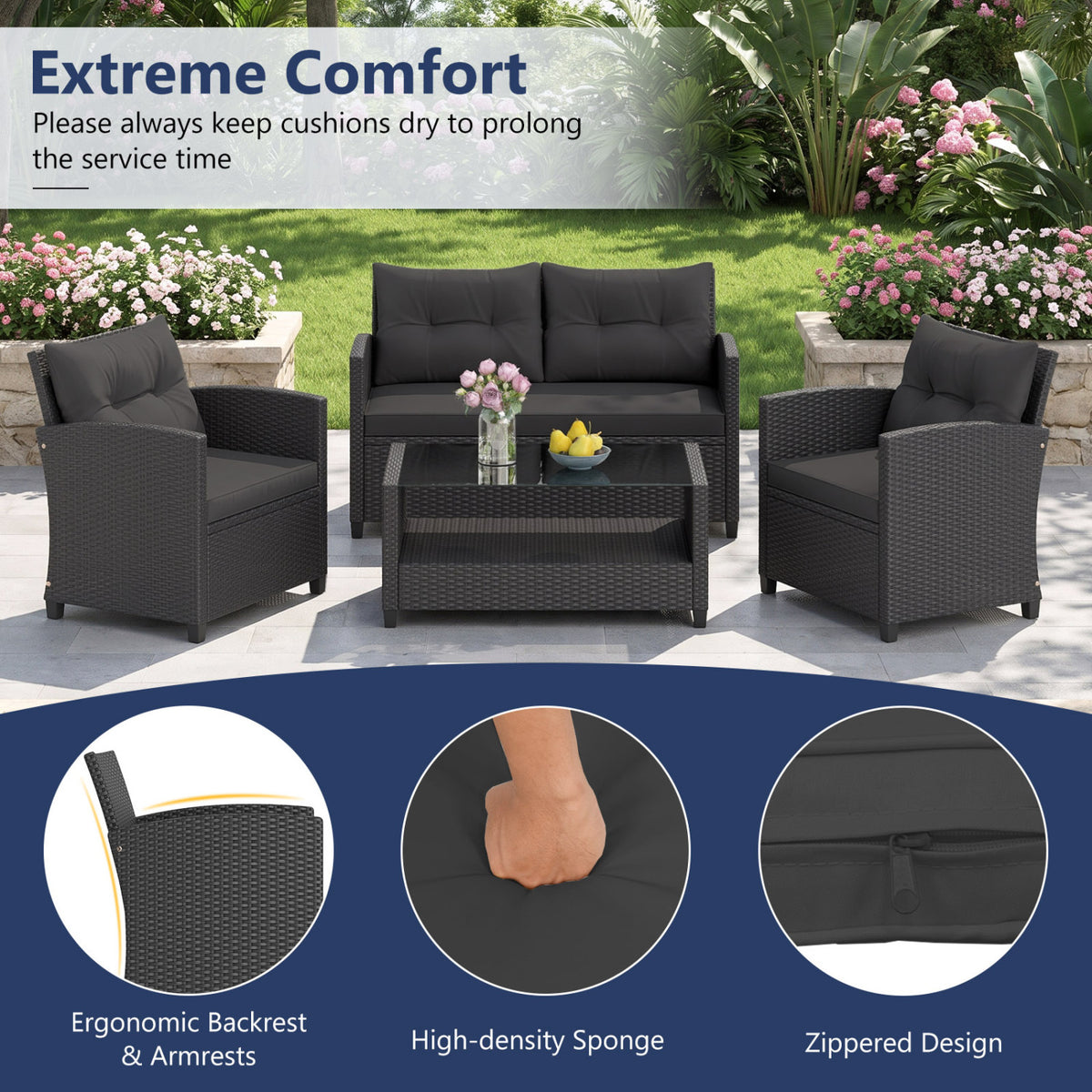 Patio seating scene with close-ups of the woven armrest, cushioned seat, and cushion zipper.