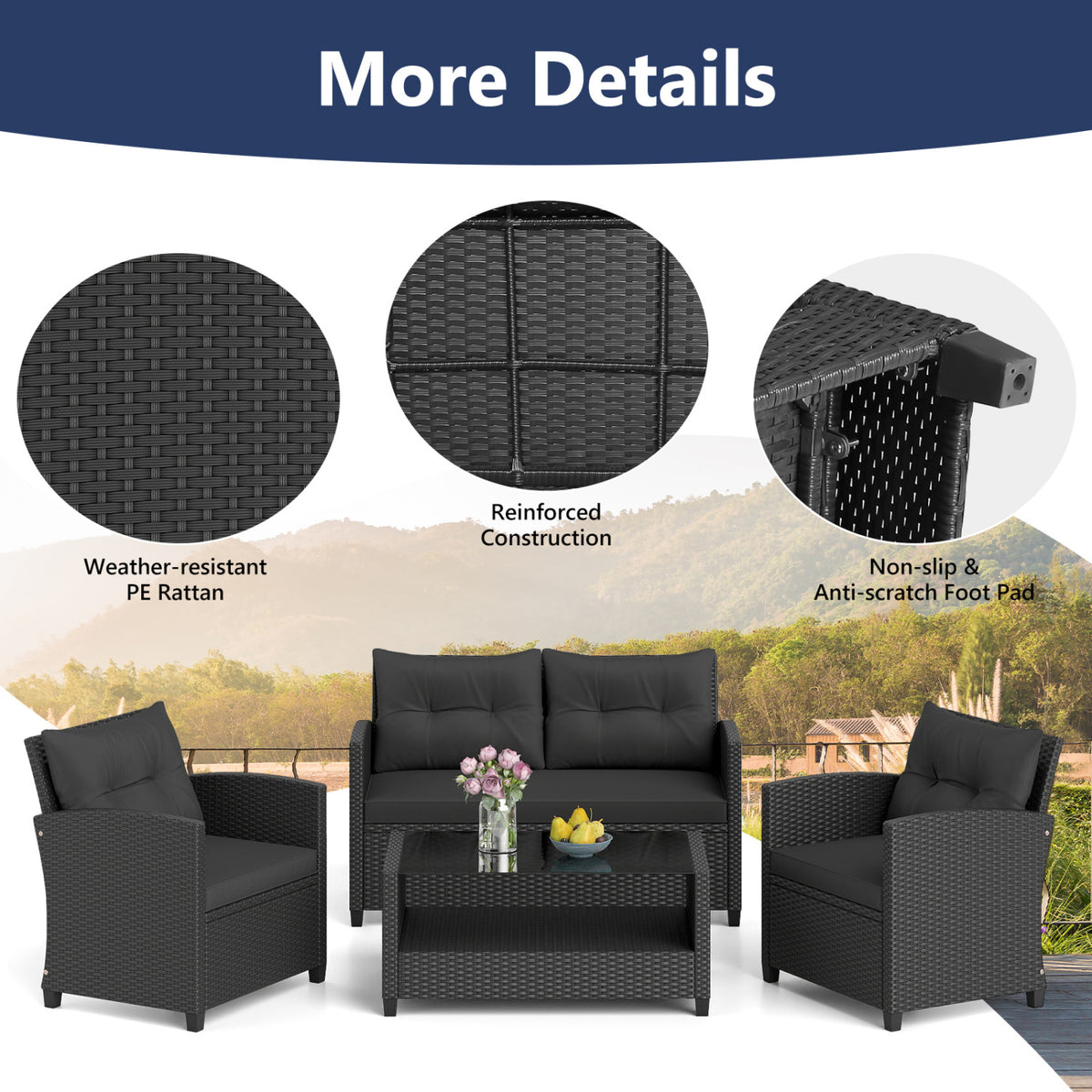 Black woven patio chairs, loveseat, and glass-top coffee table shown beneath close-ups of the weave and chair feet.