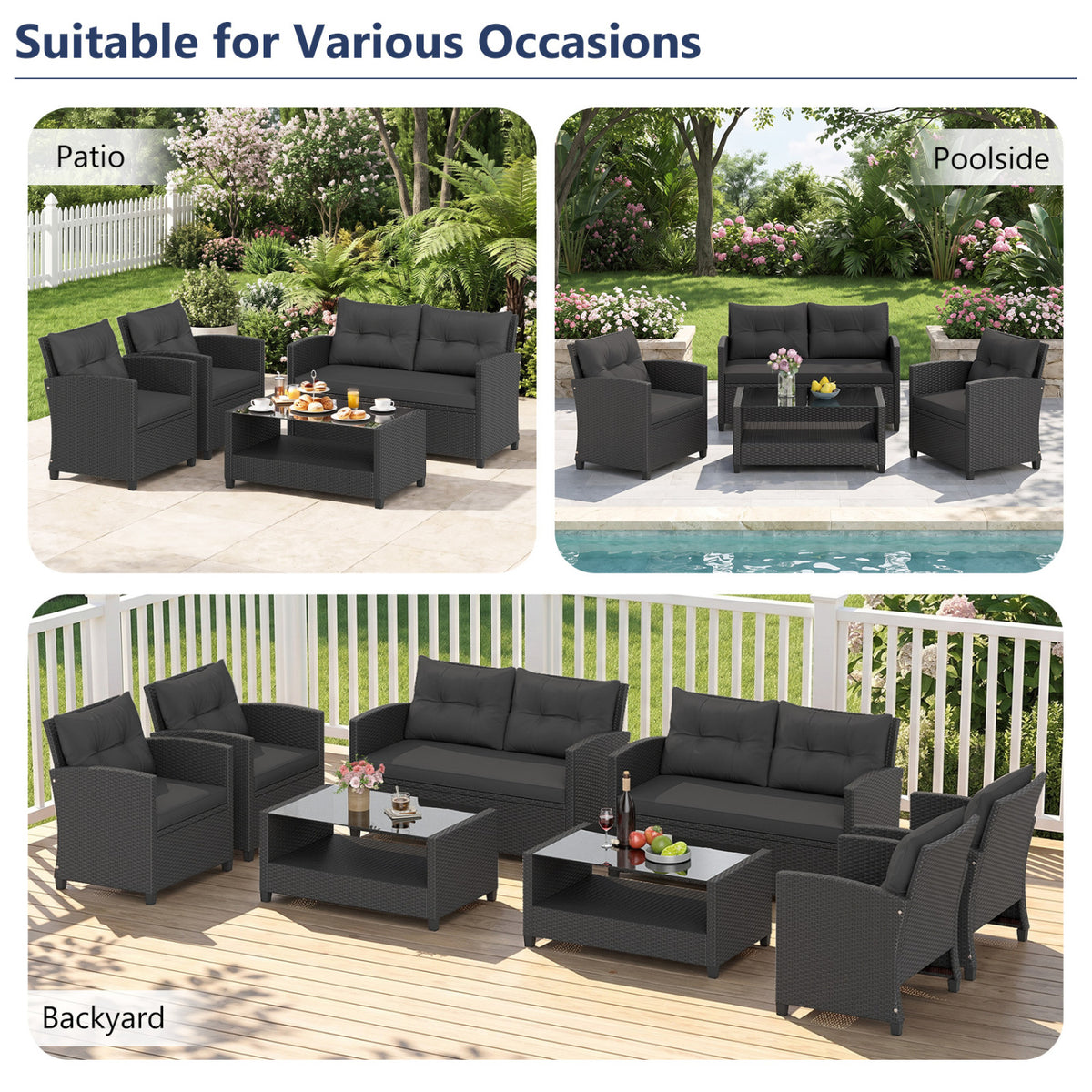 Black woven patio seating arranged in garden, poolside, and deck settings.