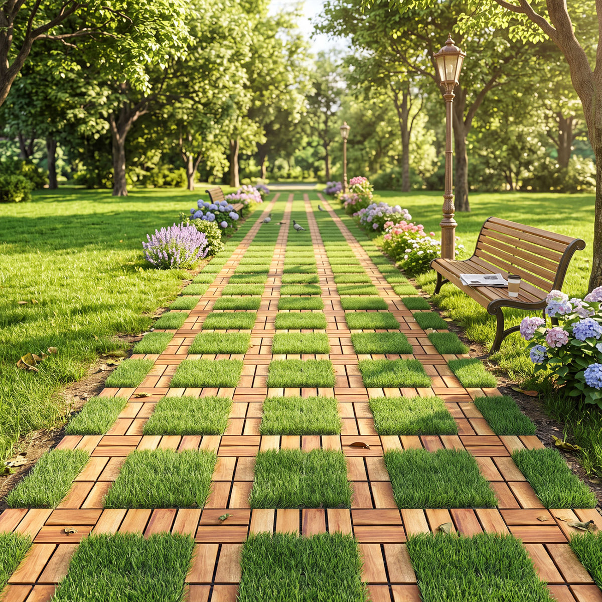 Acacia wood and green grass deck tiles forming a path through a landscaped garden