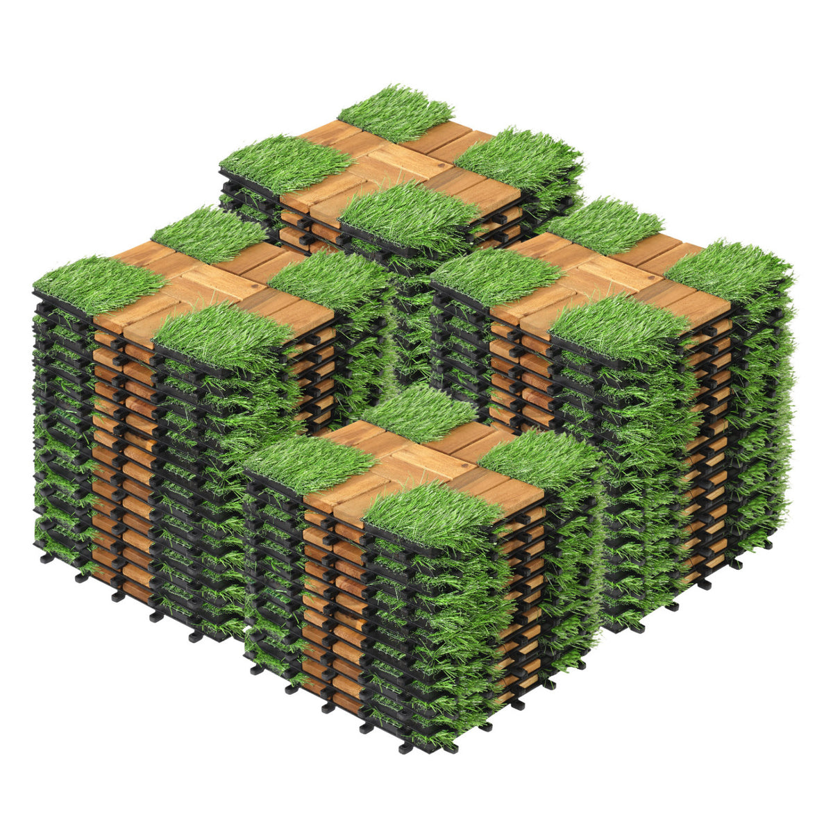 Stacked interlocking acacia wood and green grass deck tiles on a white background