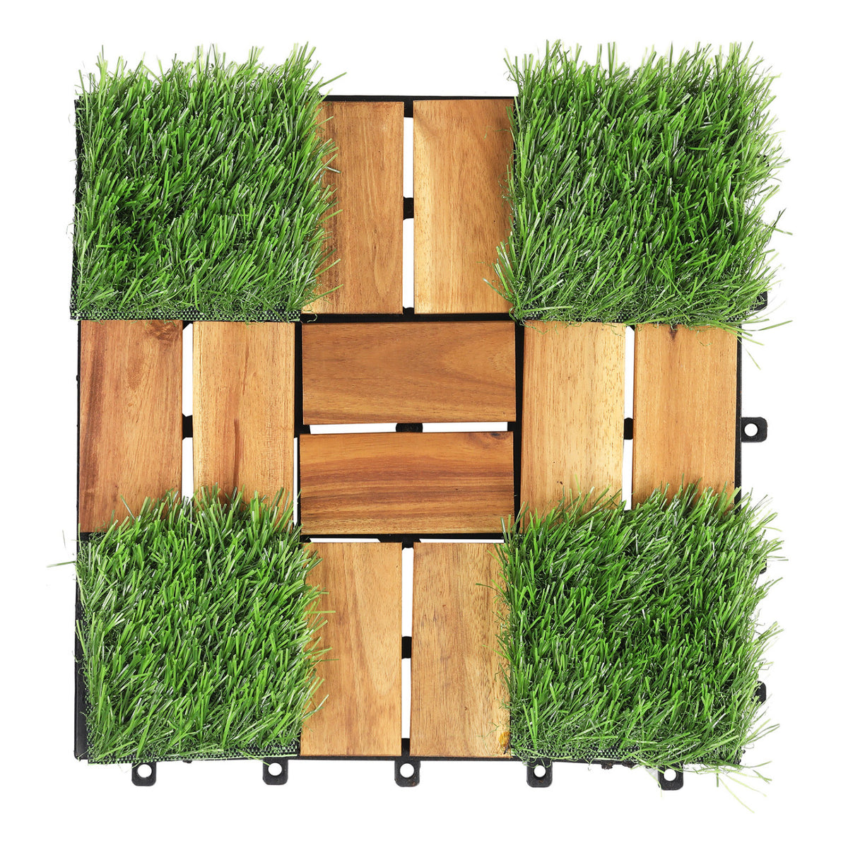 Top-down view of a square wood and grass interlocking deck tile on white