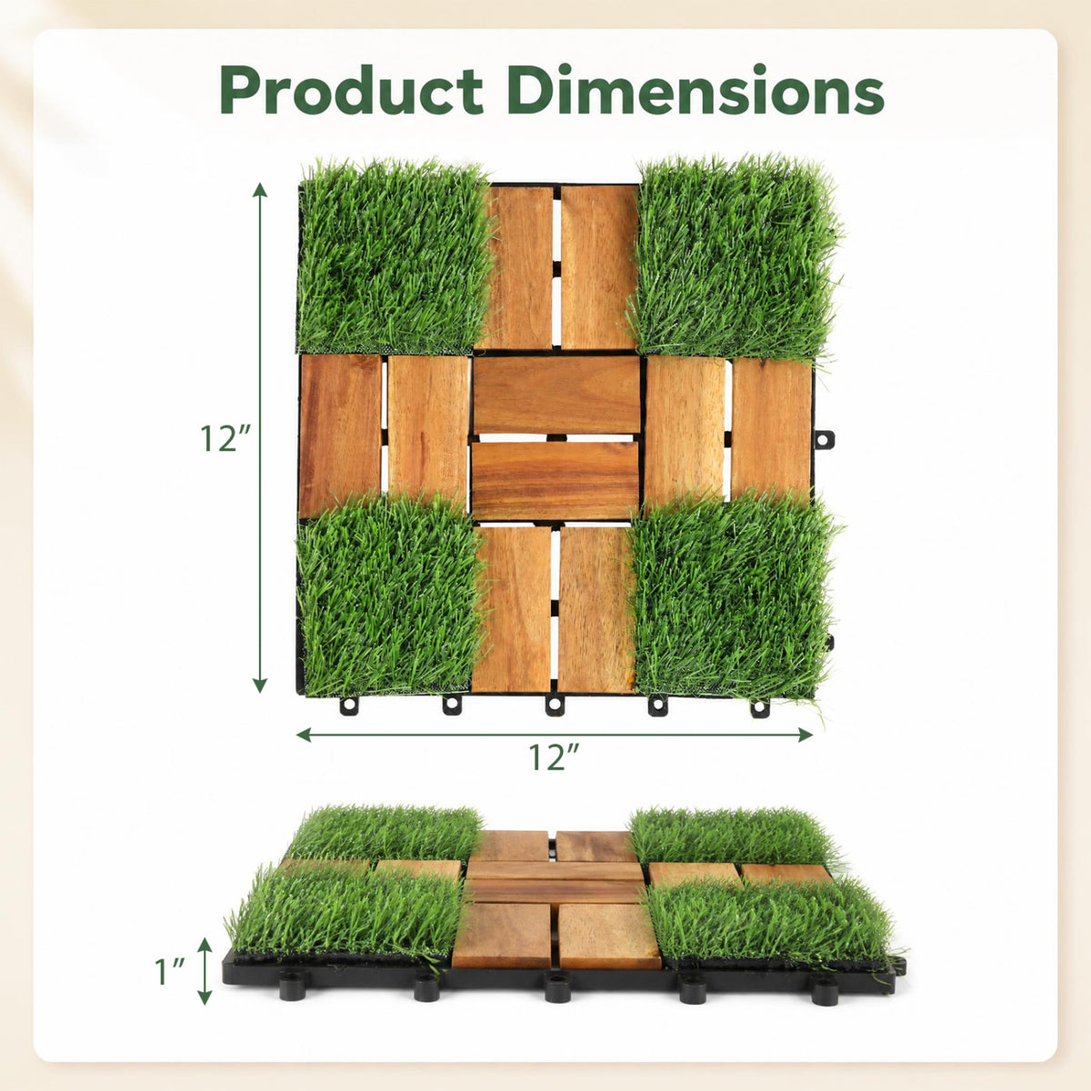 Deck tile dimension graphic showing a square tile with 12-inch sides and 1-inch height