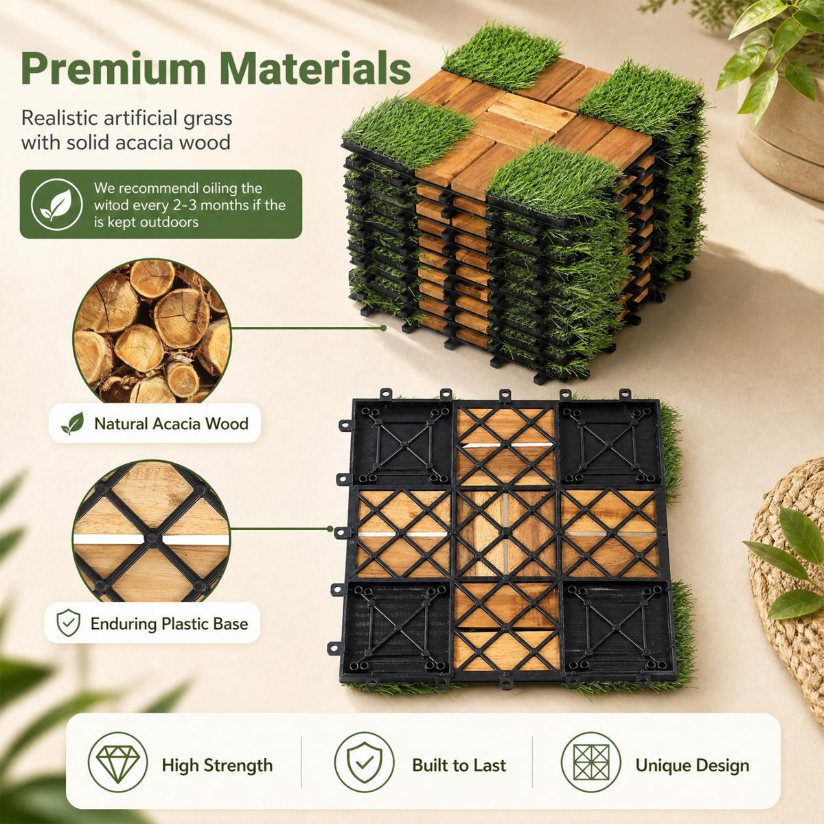 Stacked wood-and-grass tiles beside a close view of their black plastic undersides.