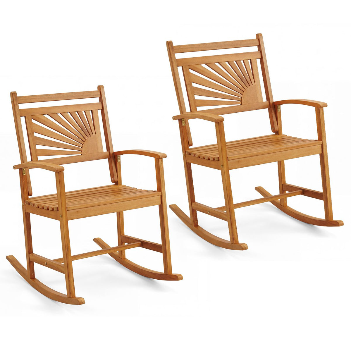 Pair of wooden rocking chairs at different angles against a white background.