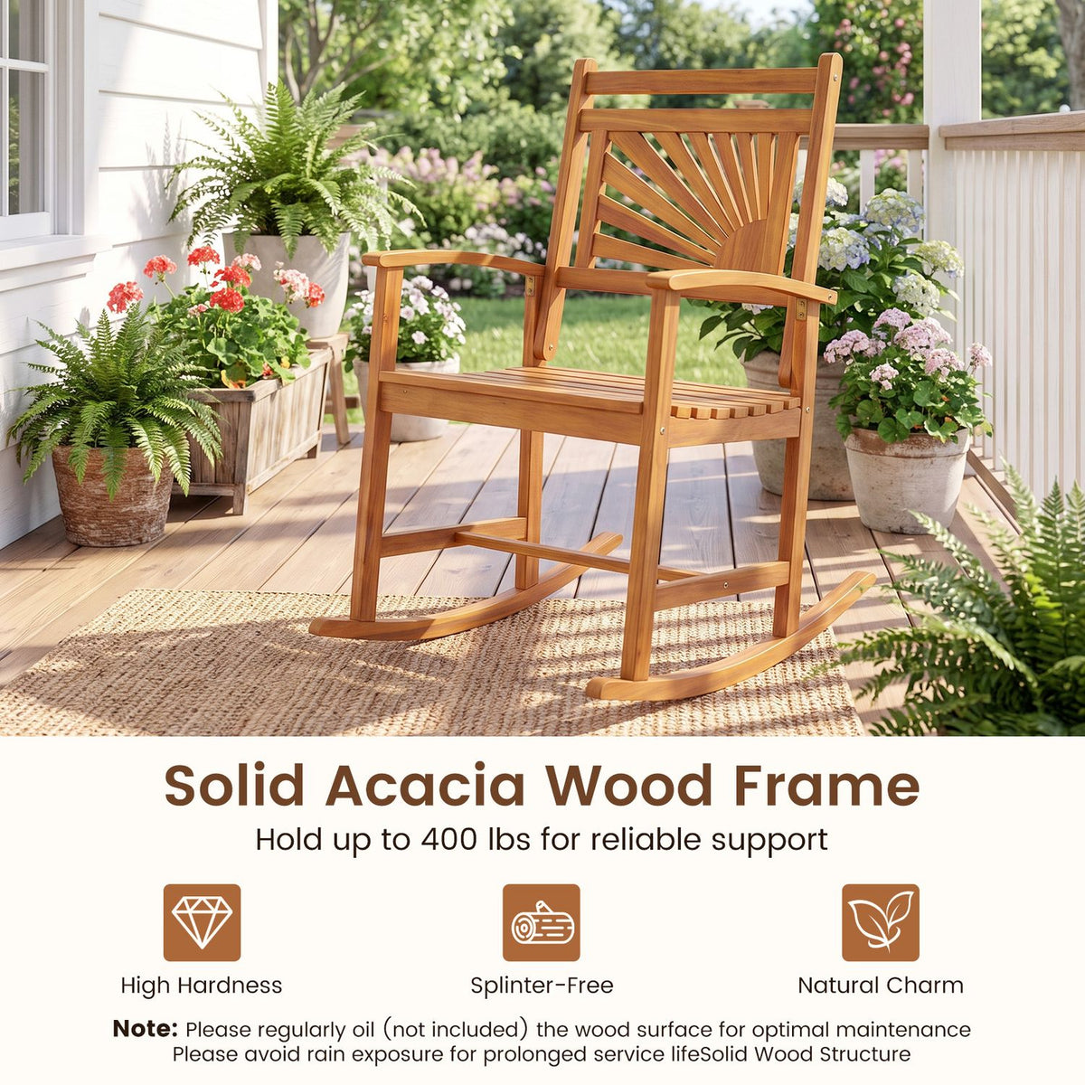 A wooden rocking chair sits on a woven rug on a sunlit porch surrounded by flowering plants.