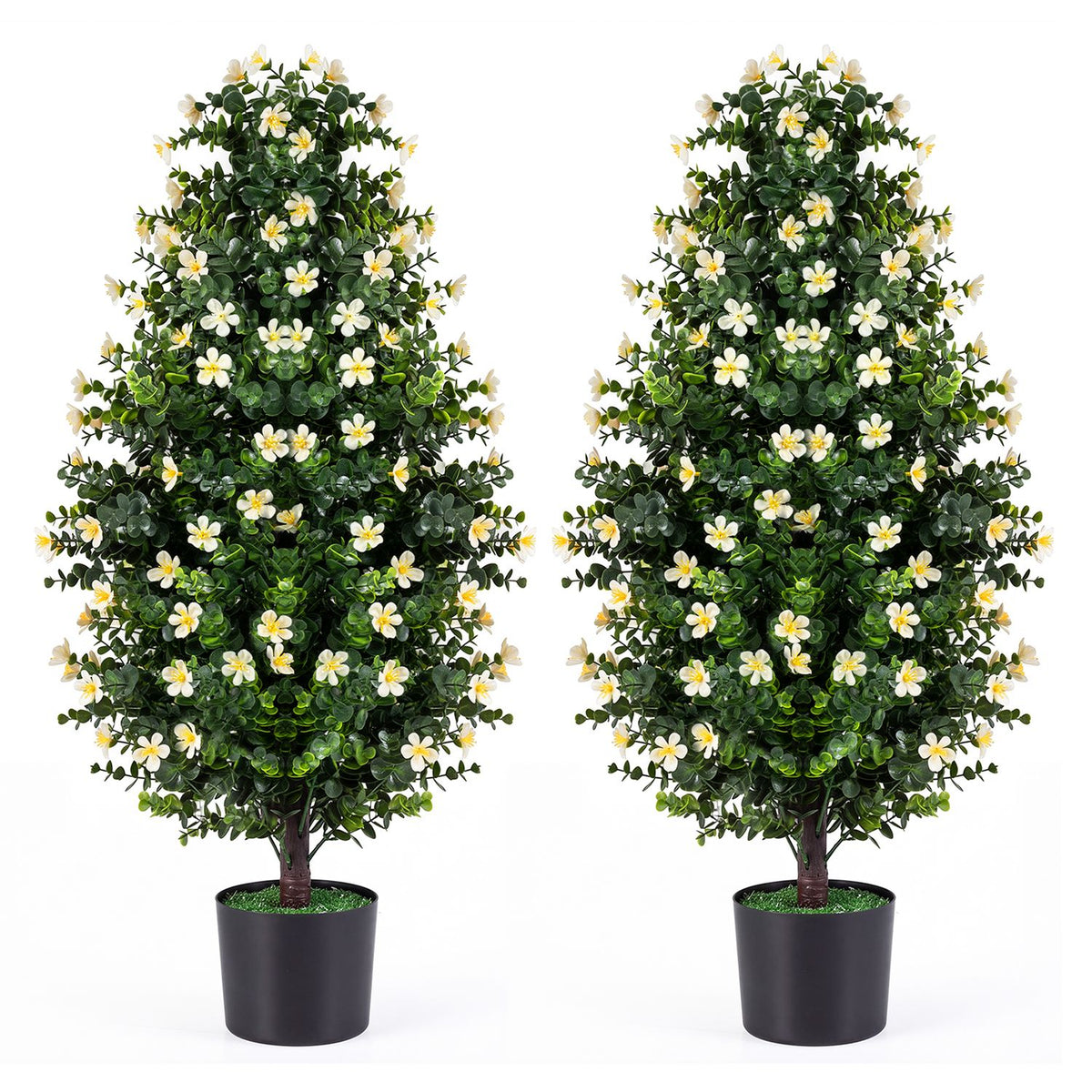 Two flowering artificial topiary trees in black pots against a white background