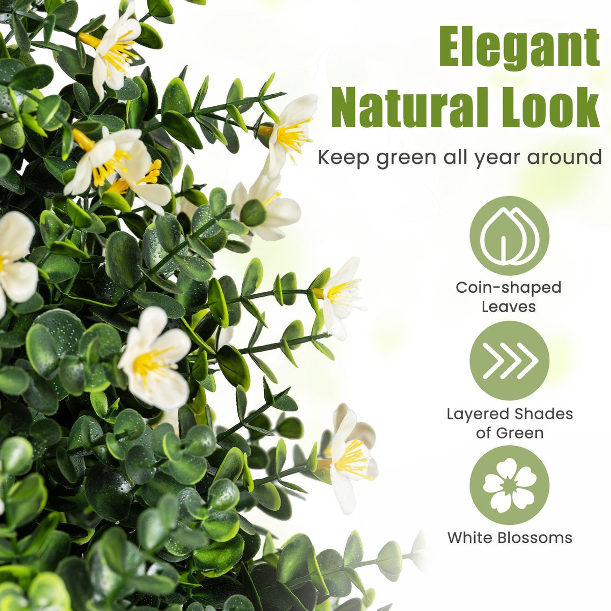 Close-up of green artificial leaves and white blossoms with feature graphics