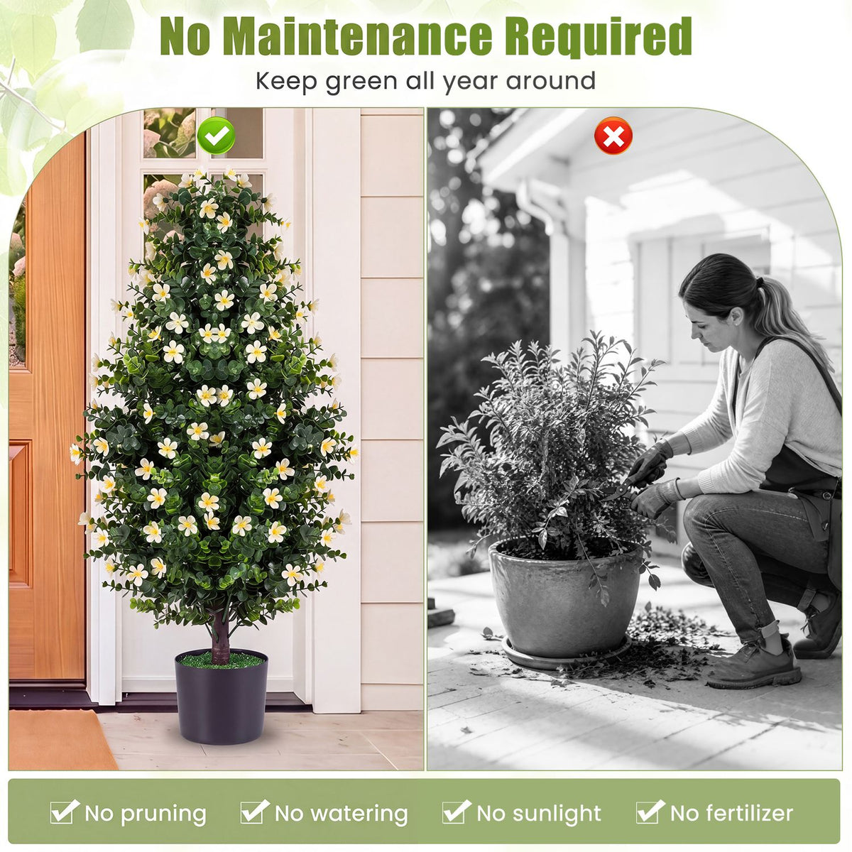 Flowering topiary stands by a doorway beside a grayscale scene of someone tending a live plant.