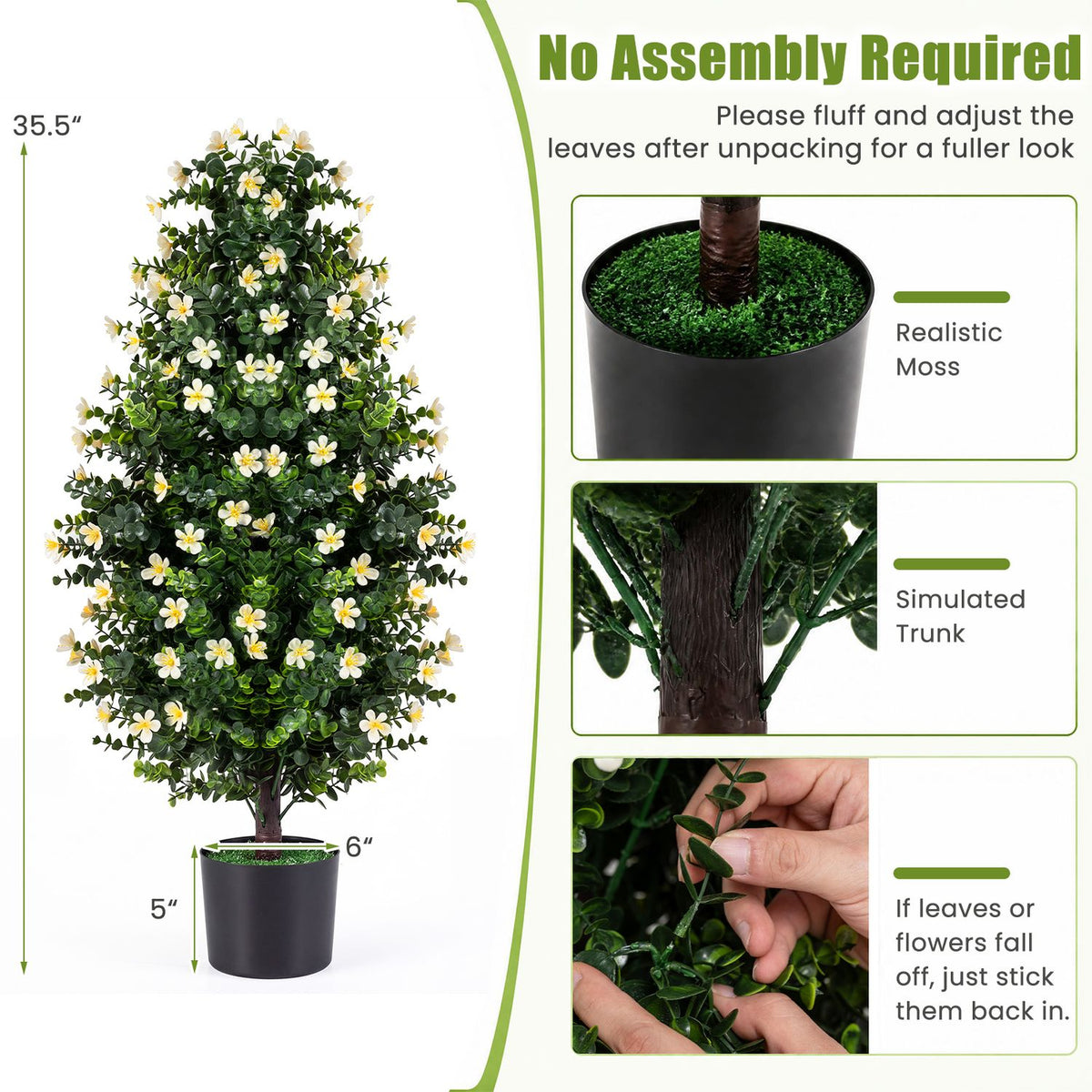 Flowering artificial topiary tree shown beside close-up feature panels