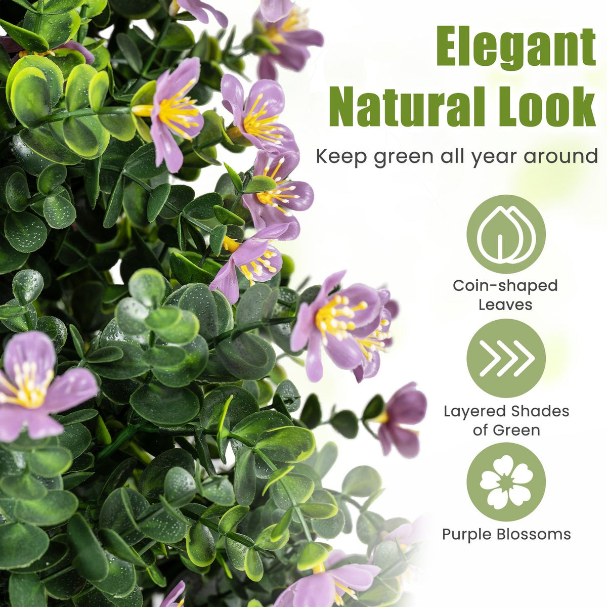 Close-up of glossy green leaves and small purple flowers on the artificial topiary.