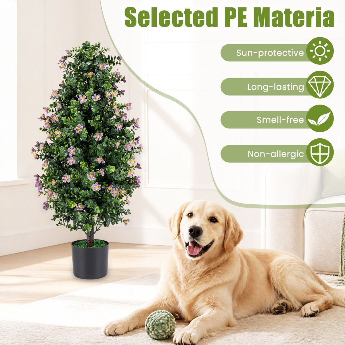 Purple-blossomed topiary in a dark planter beside a dog resting on a rug.