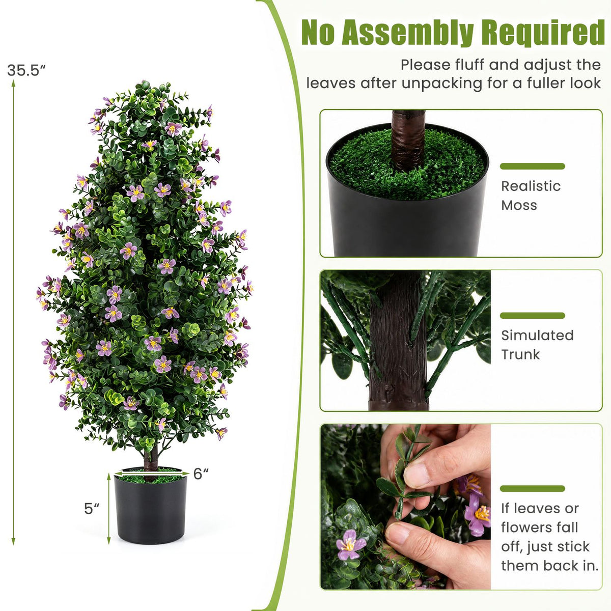 A flowering topiary is shown with close-ups of its pot, trunk, and adjustable foliage.