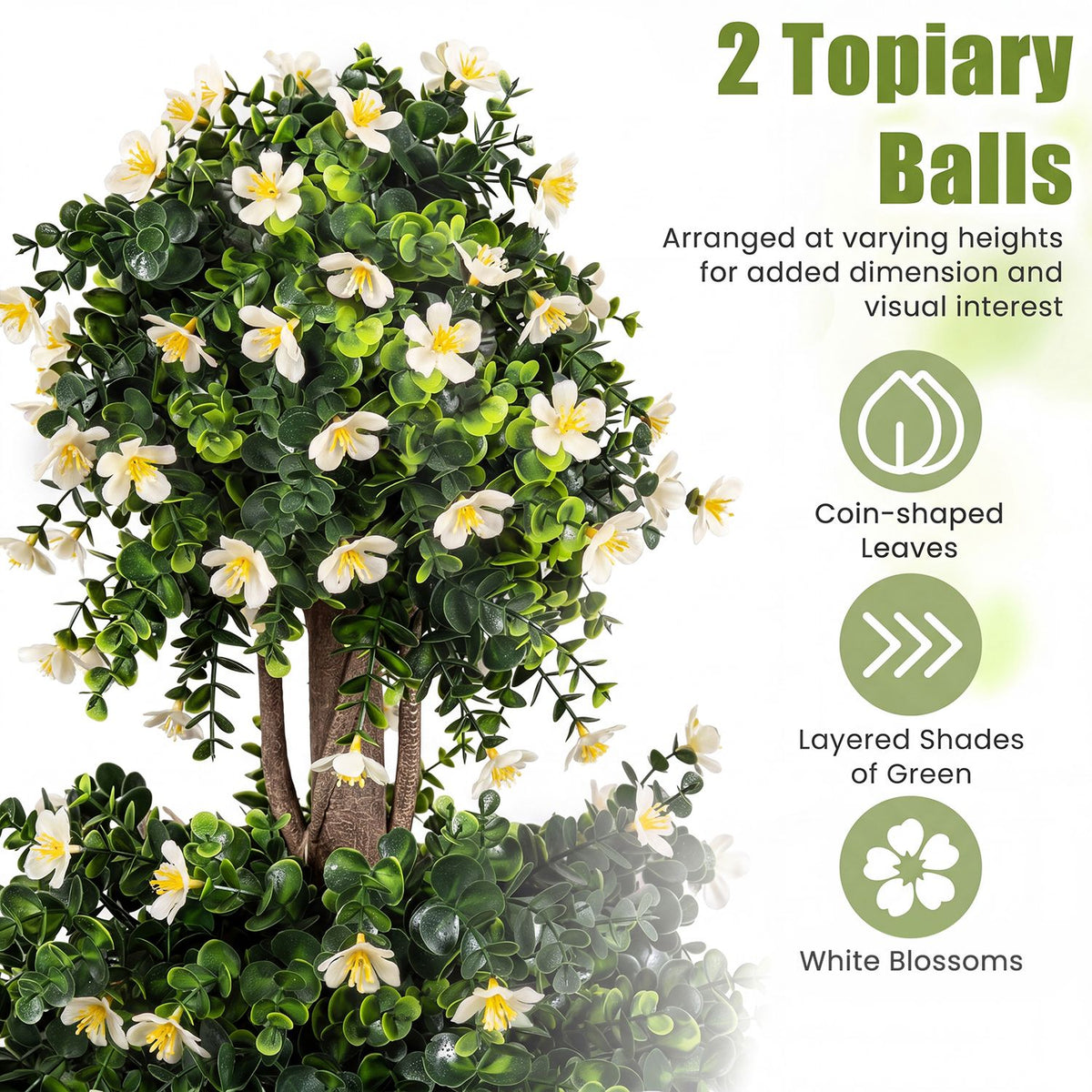 Close view of the topiary’s rounded green foliage, white blossoms and branching brown trunk.