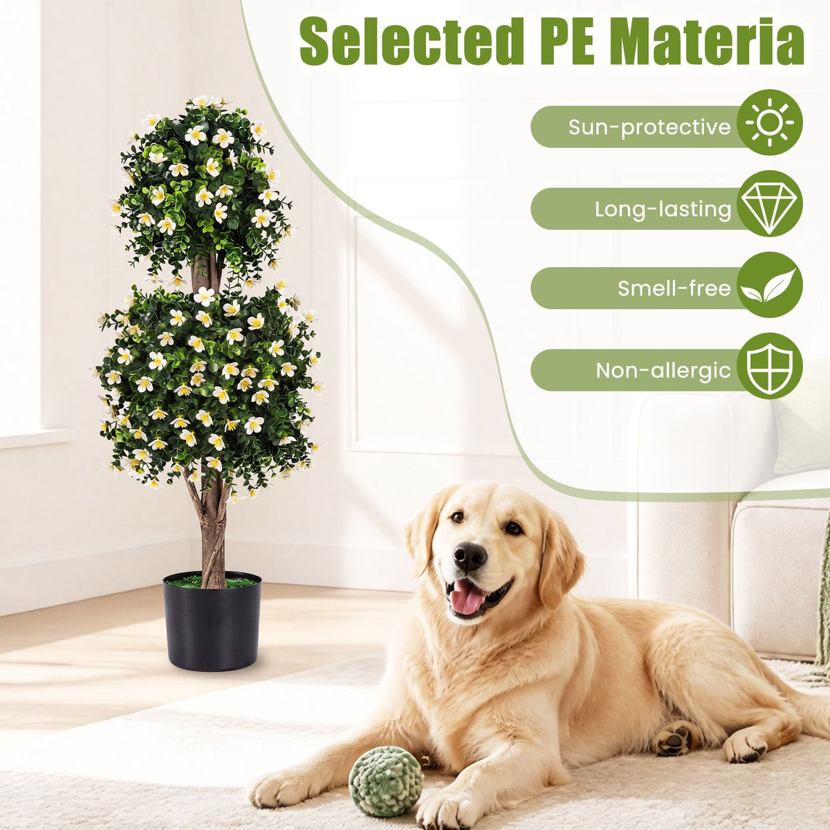 Potted flowering topiary beside a resting golden dog on a rug.