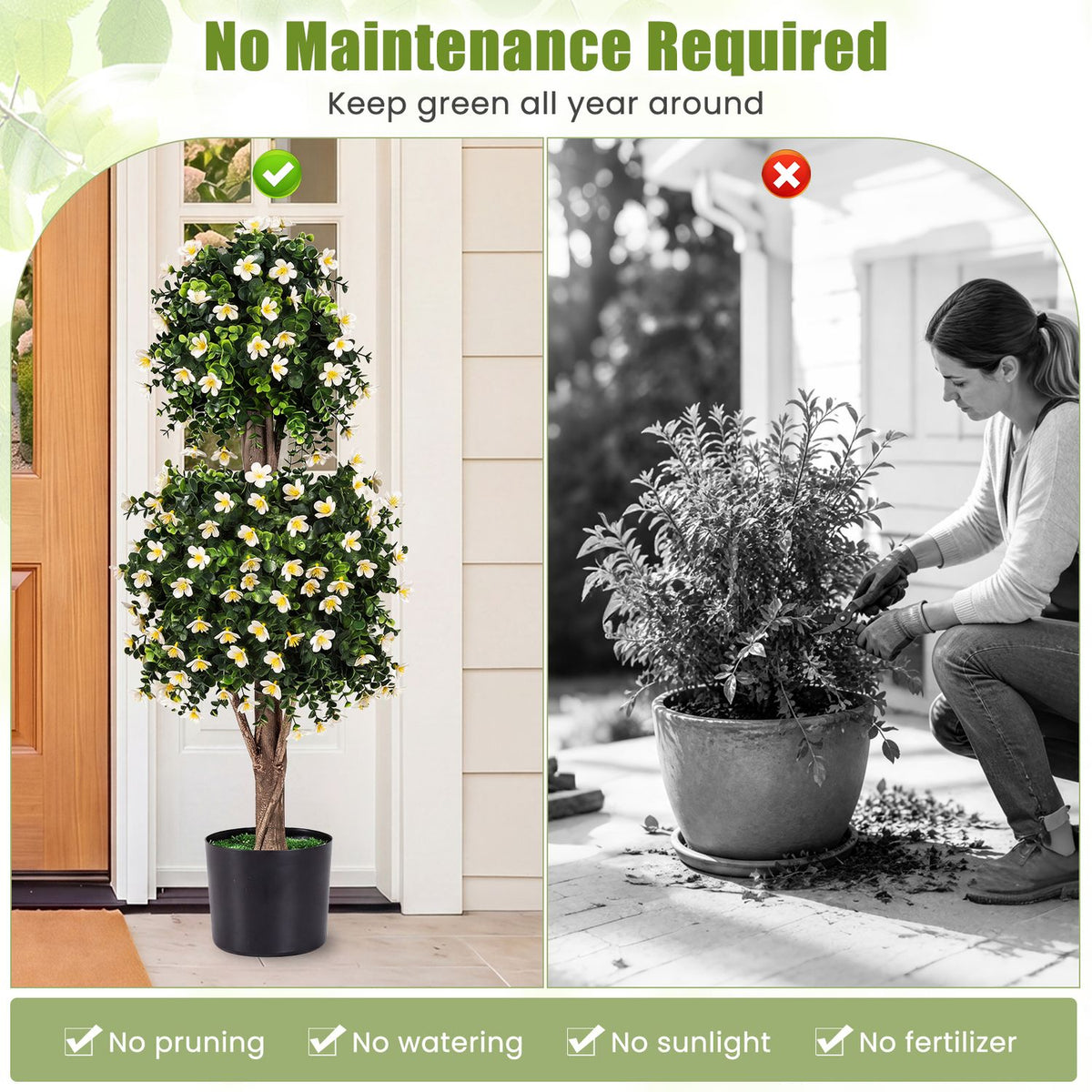 Flowering potted topiary by a doorway beside a grayscale scene of a woman tending a shrub.