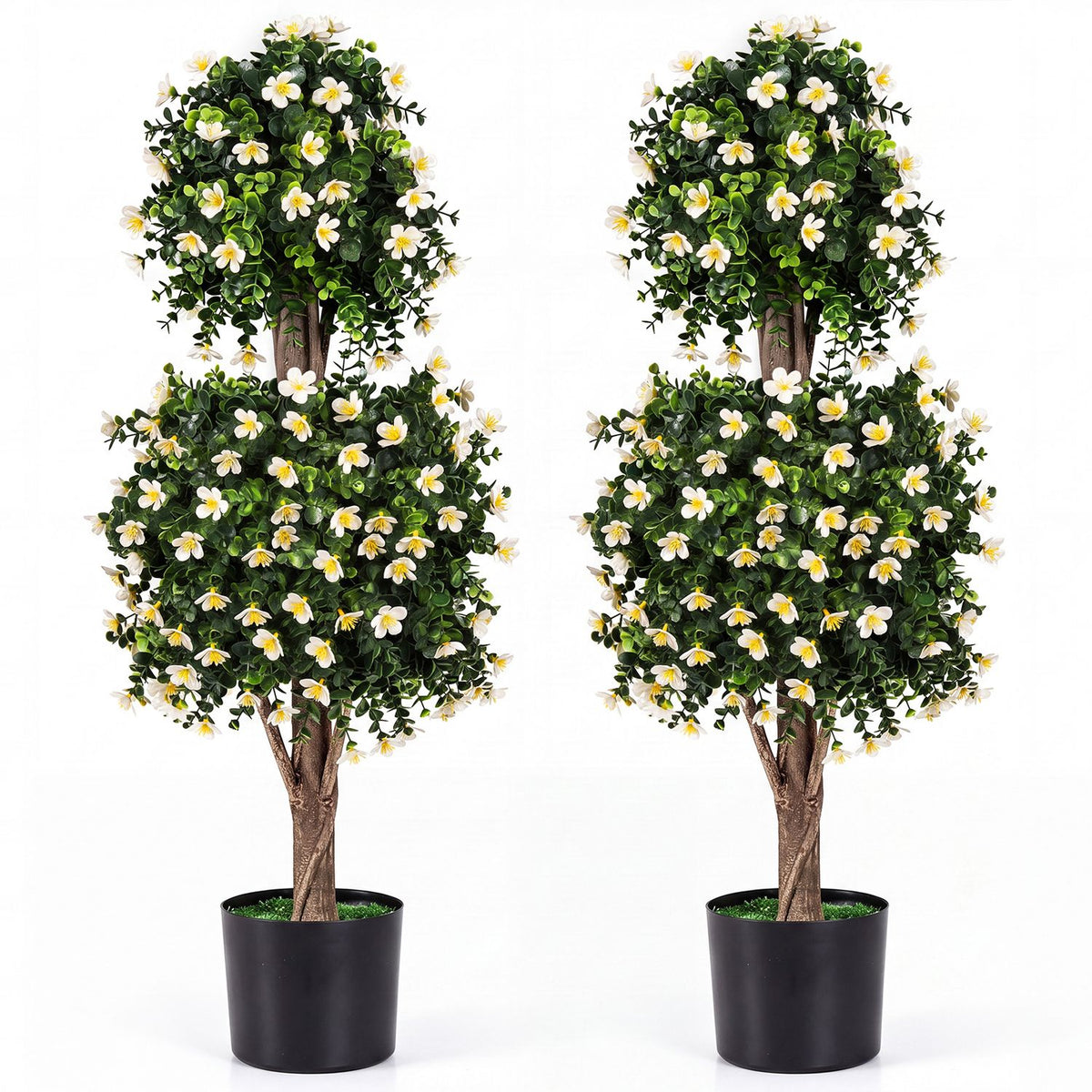 Two matching artificial topiary trees with white and yellow flowers in black pots against a white background.