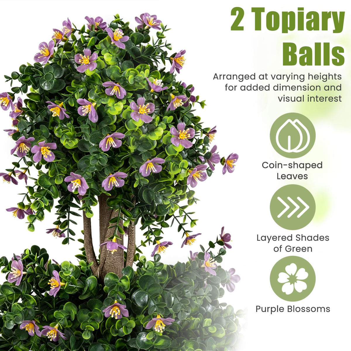 Close-up of the topiary’s two leafy balls with purple flowers and branching trunks.