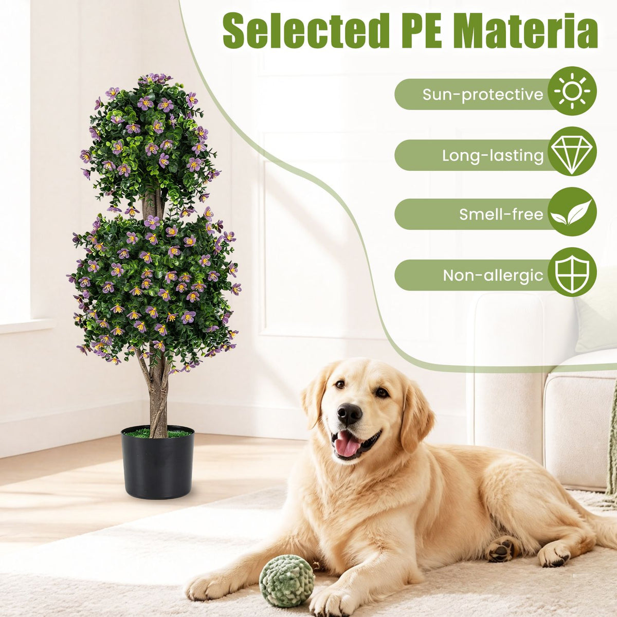 Flowering topiary in a black pot beside a relaxed golden dog on a rug.