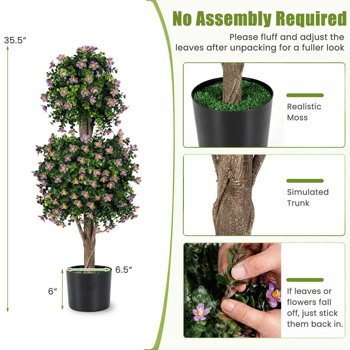 Topiary tree with close-up views of its pot, trunk and foliage, alongside a hand adjusting a branch.