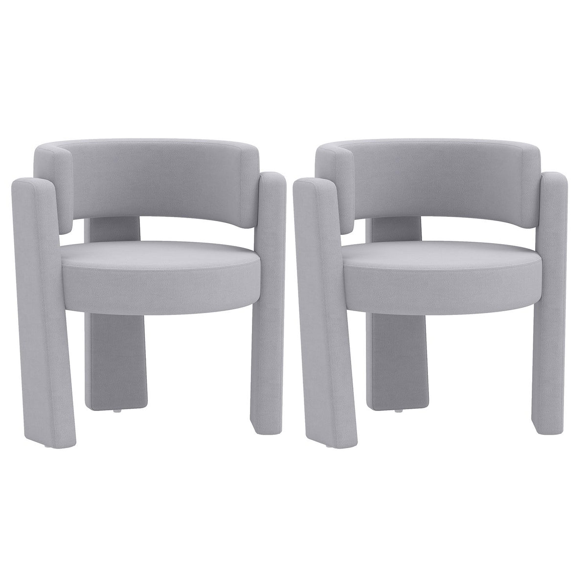 Pair of light gray barrel accent chairs shown from the front on white