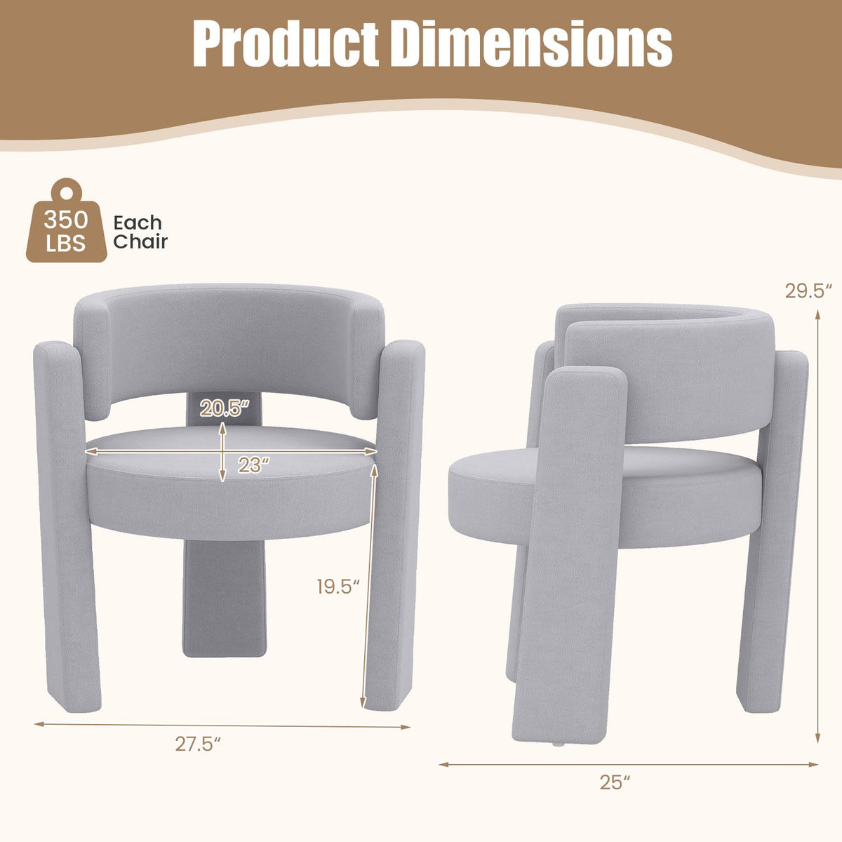 Light gray barrel chair shown from front and side in a dimensions graphic