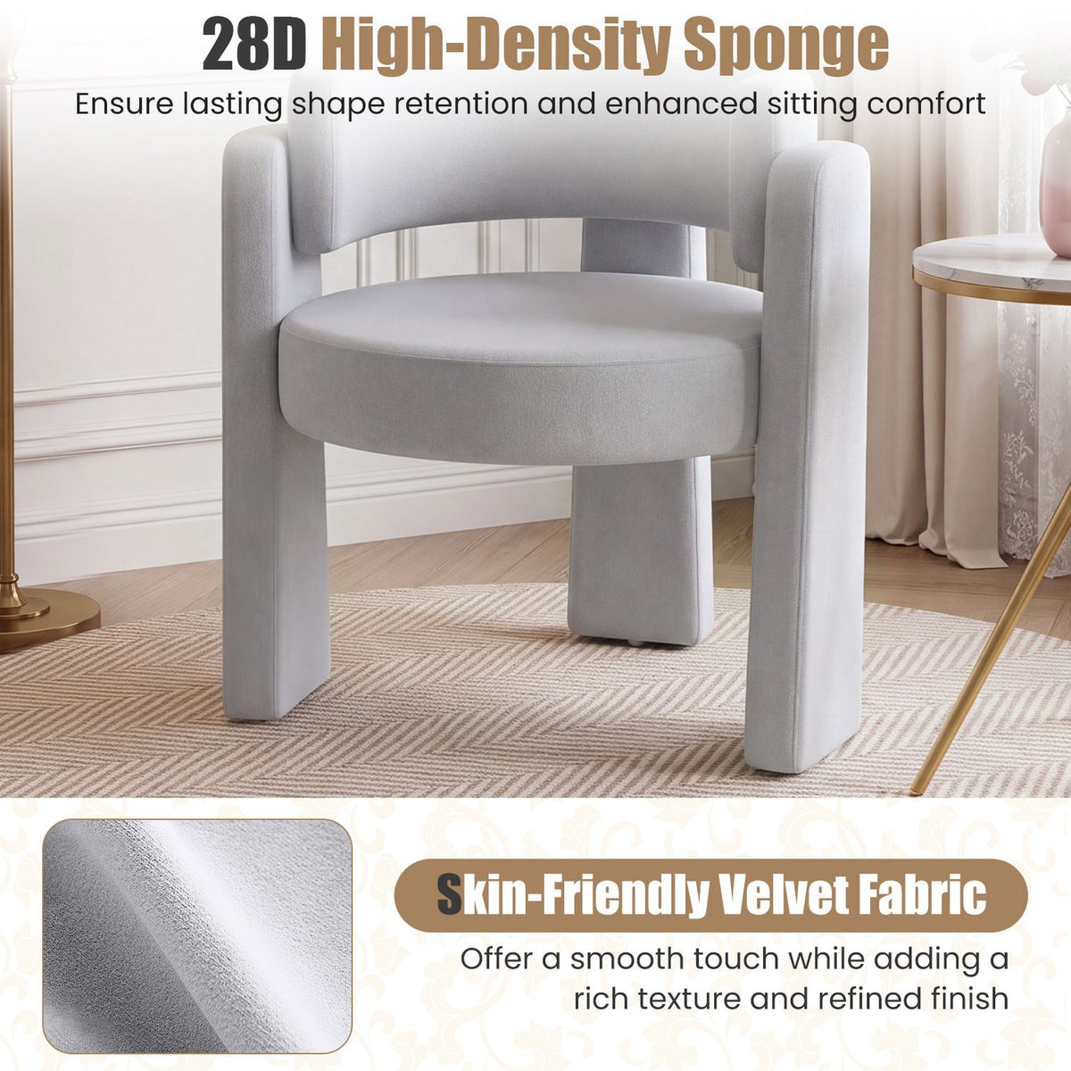 Close view of a light gray barrel chair with a velvet fabric inset