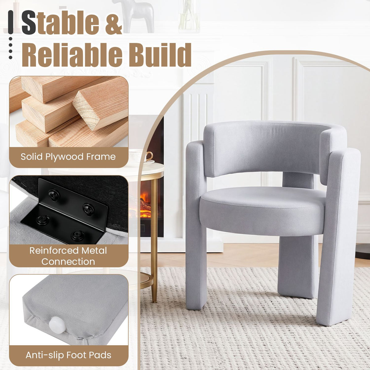 Front view of the gray chair alongside close-ups of its frame connection and foot pad.
