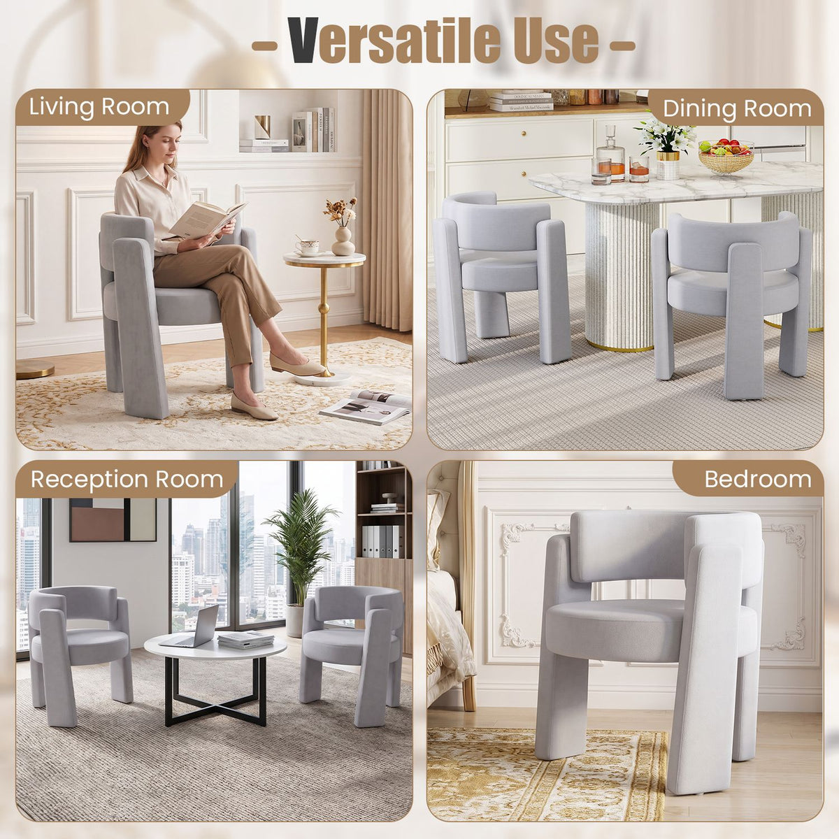 Four scenes show the gray barrel chair in living, dining, reception, and bedroom settings.