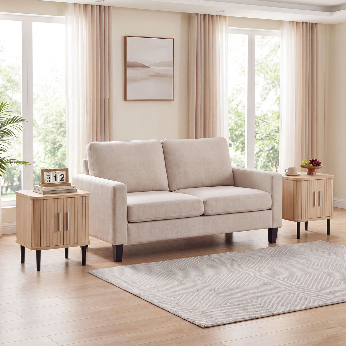 Two light wood nightstands with fluted fronts and dark legs beside a sofa in a bright living room.