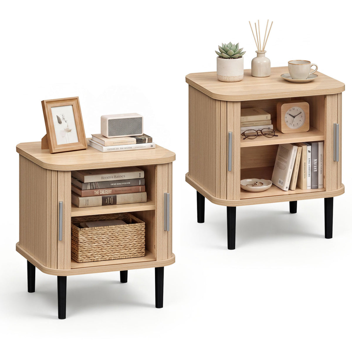 Two light wood nightstands shown with sliding doors open, revealing shelves and stored books and decor.