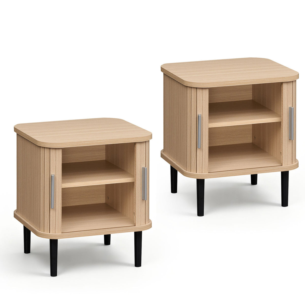 Pair of light wood nightstands shown empty, with sliding doors open and shelves visible.