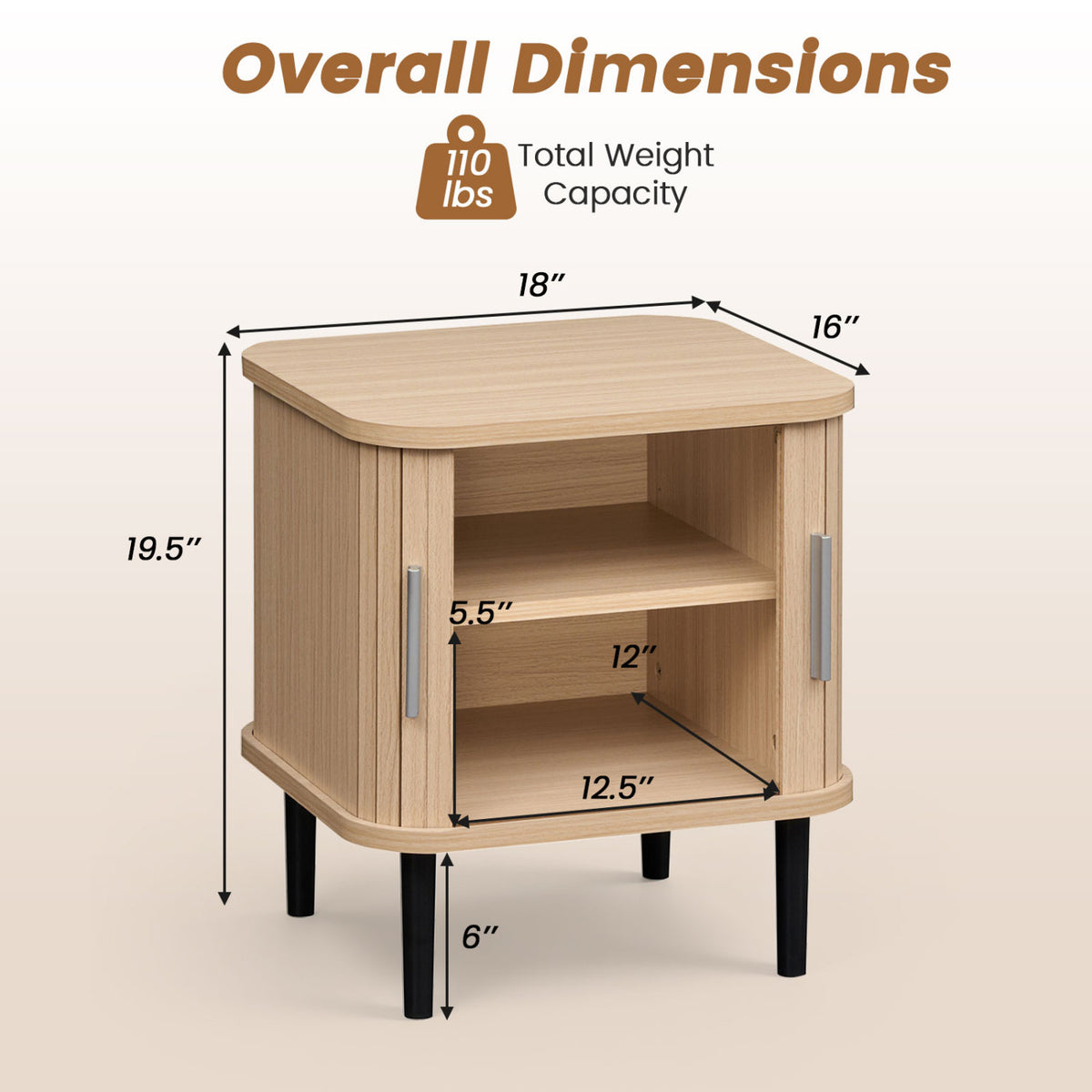 A light wood nightstand with fluted sliding doors, an open shelf, and black legs shown with measurement arrows.