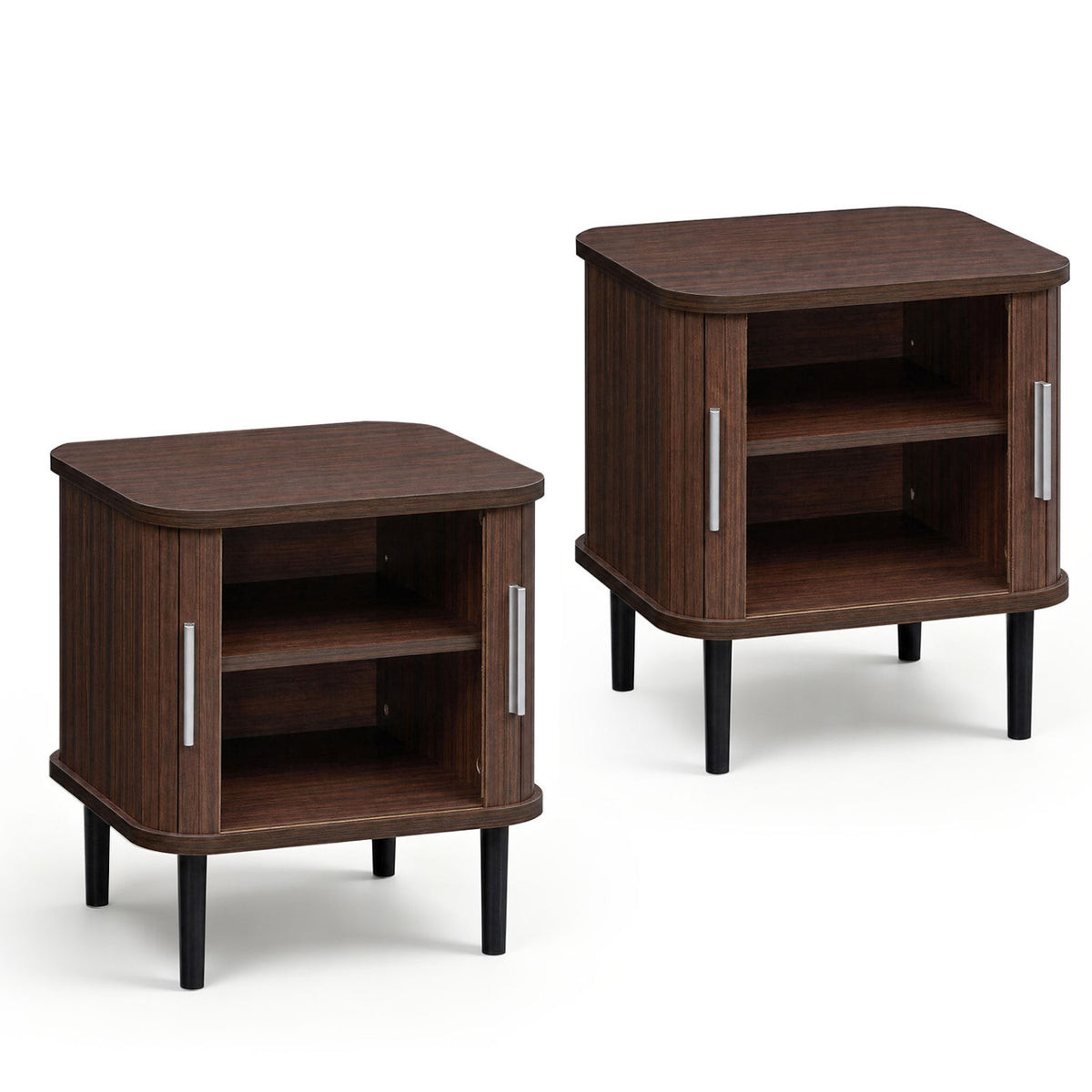Pair of empty fluted nightstands shown with their sliding doors open and shelves visible.