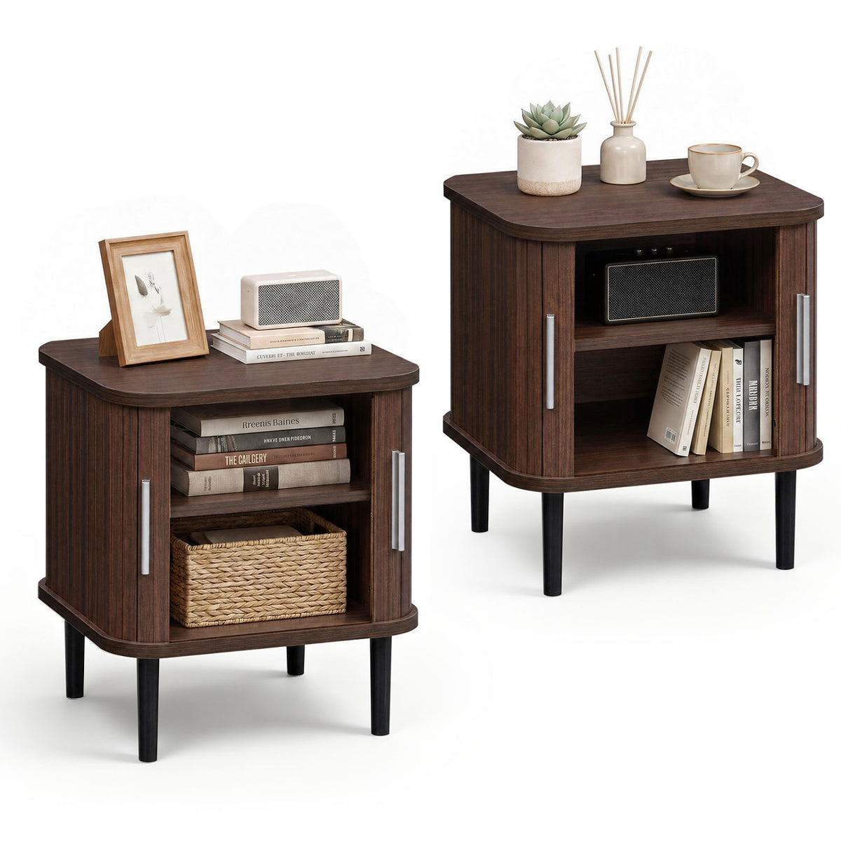 Two fluted nightstands with open sliding doors, shelves, and decorative items.