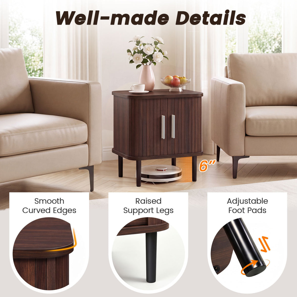 Closed fluted nightstand between two chairs, with close-ups of its curved edge, support leg and foot pad.