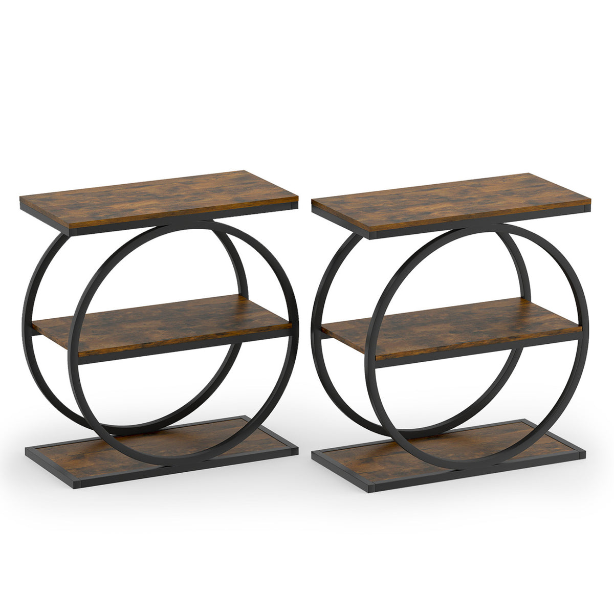 Pair of side tables with dark wood-look tops and shelves inside circular black metal frames.