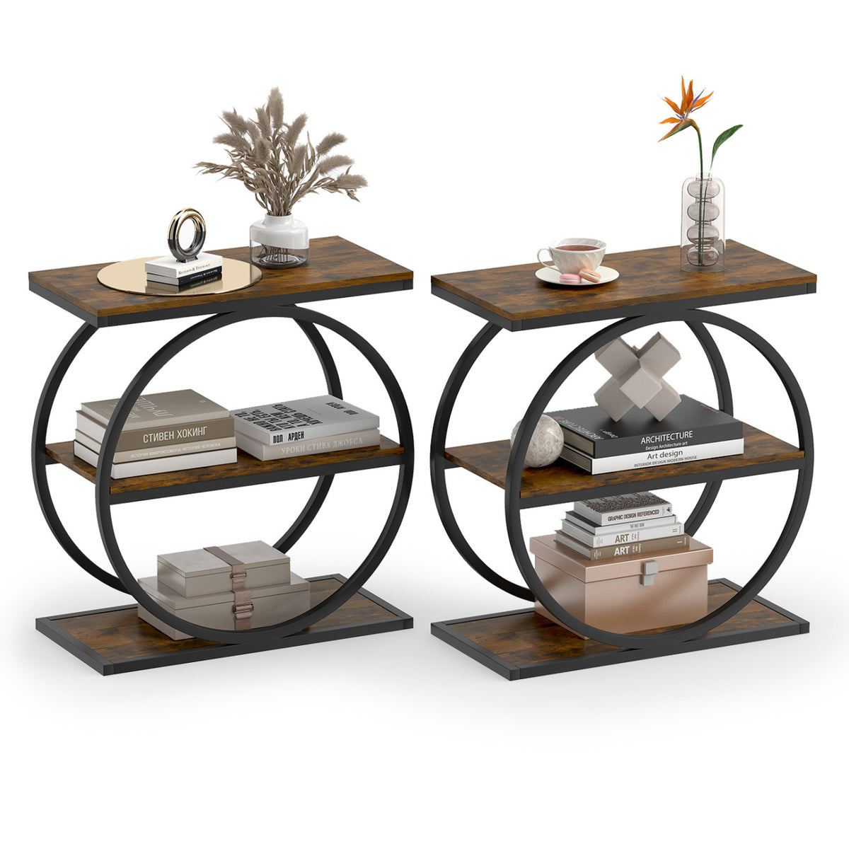 Two circular-frame side tables styled with books, small decor, a cup, and a vase of flowers.