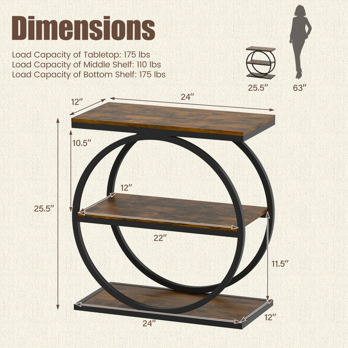Side table diagram with measurement arrows and a human silhouette for scale.