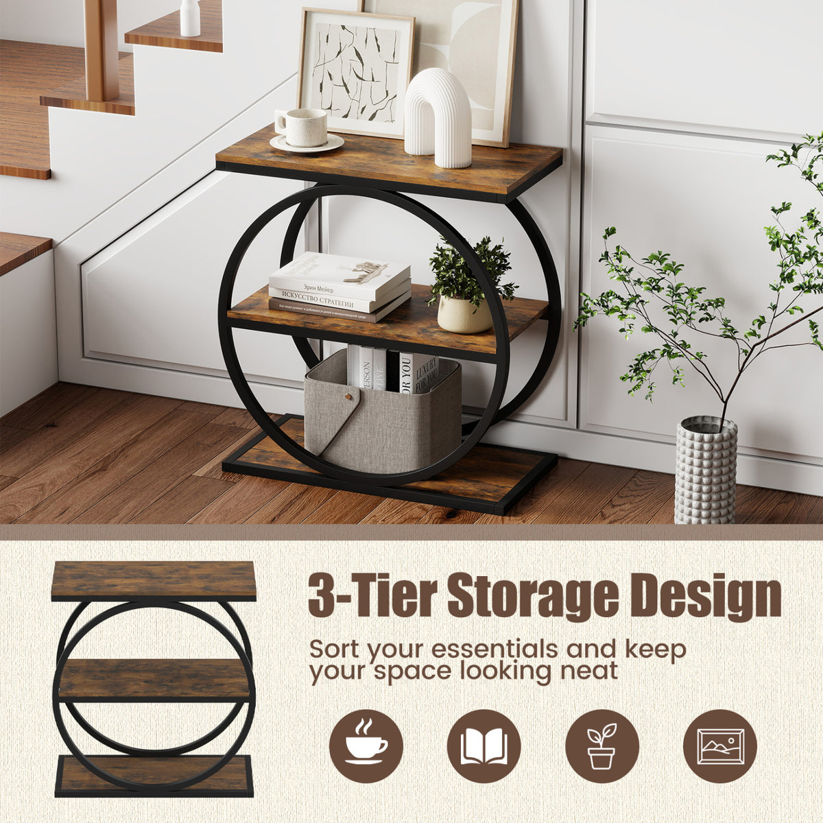 Three-tier dark wood console table with a circular black metal frame, styled with books and decor.
