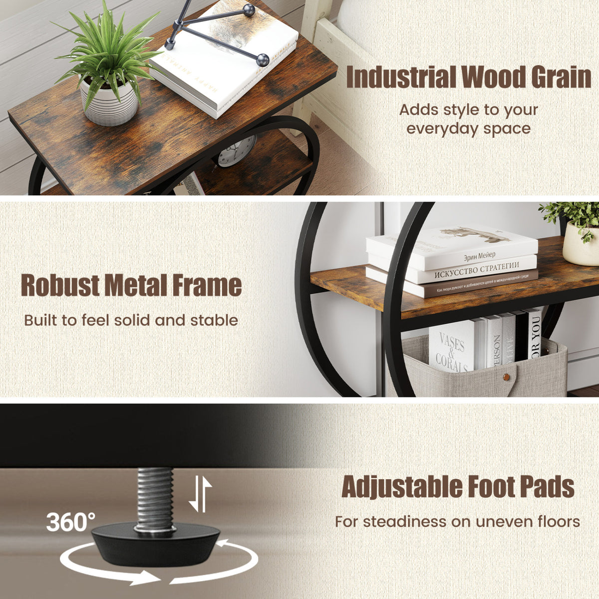 Collage showing the wood-grain tabletop, curved metal frame, and adjustable foot pad.