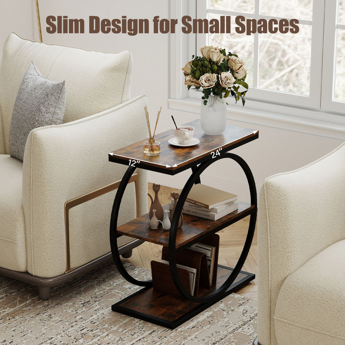 Slim three-tier table between two armchairs, with a narrow wood-look top and circular black frame.