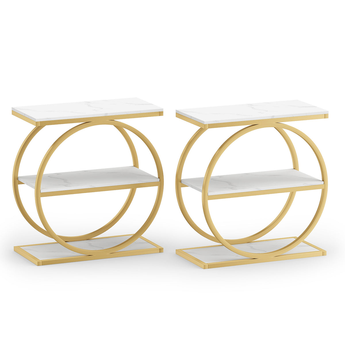 A pair of side tables with white veined tops, circular gold frames, and lower shelves against a white background.